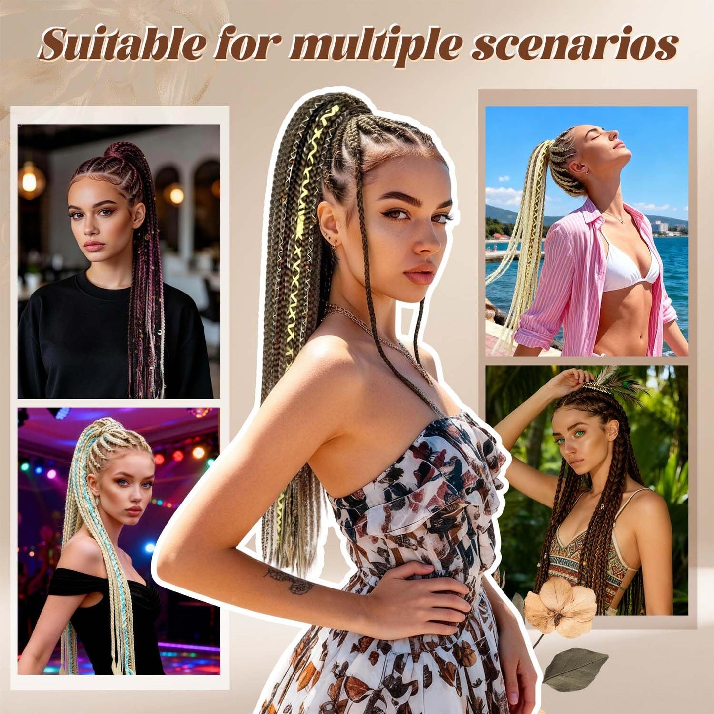 24" Boho Braided Ponytail Extension with Hair Ties, Hand-braided fashionable Long Viking Dreadlock Beads Ponytail Synthetic Hairpiece