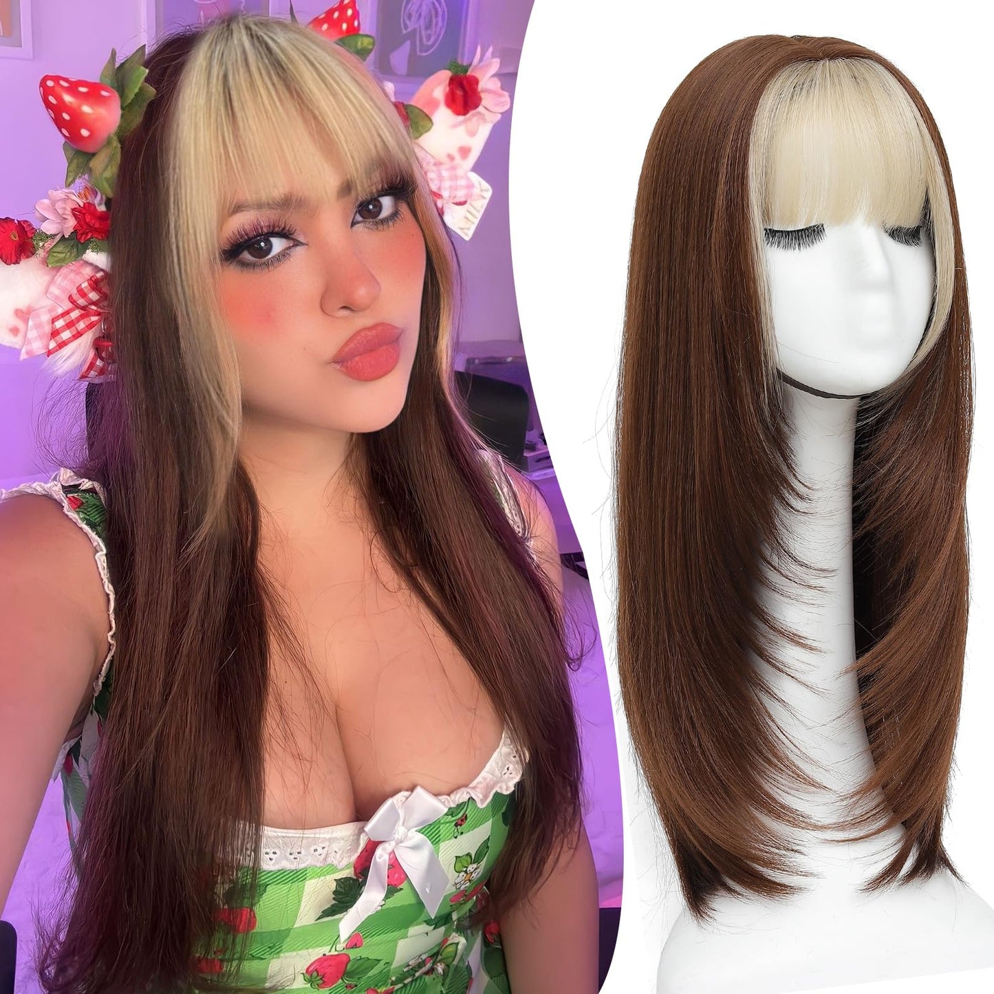 Hair Topper,360° 3D Hair Toppers for Women with Thinning,7"X 8" Large Base 22 Inch Long Layered Synthetic Wig with Bangs for Daily Use