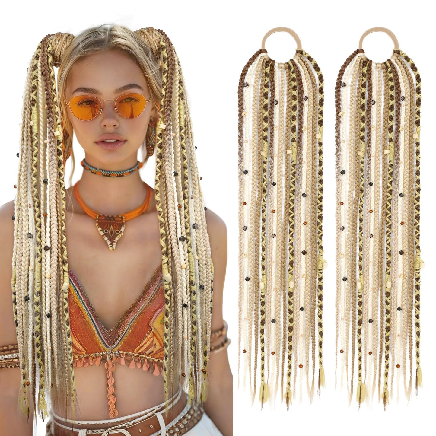 Boho Braided Ponytail Extension with Hair Tie, 24" Long Viking Dreadlock Beads Ponytail Hand-braided Braids Hair Extensions Lightweight Natural Synthetic Hairpiece for Festival Cosplay