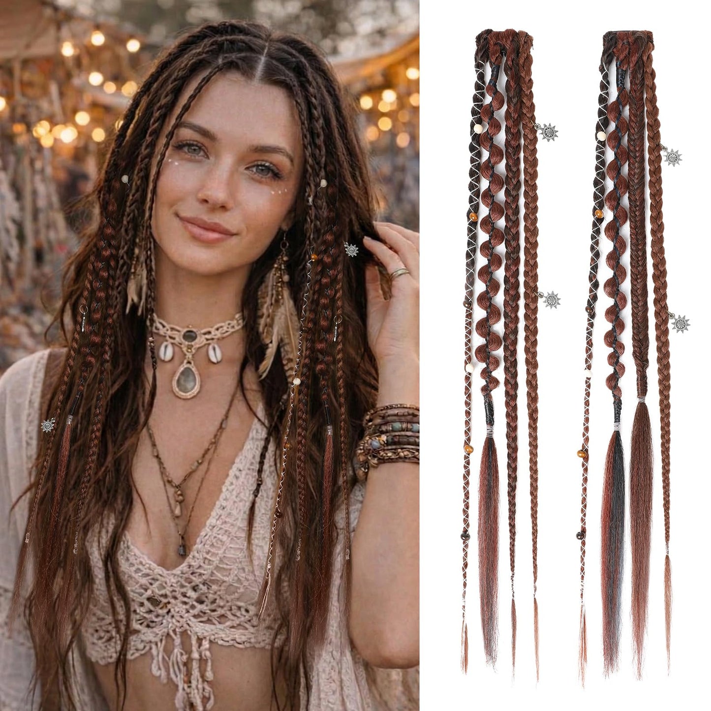 Clip in Braids for Women, 16" Boho Dreadlock Clip in Braids with Beads & Charms, 2PCS Handmade Synthetic Braided Hairpieces for Cosplay Daily Styling Music Festival