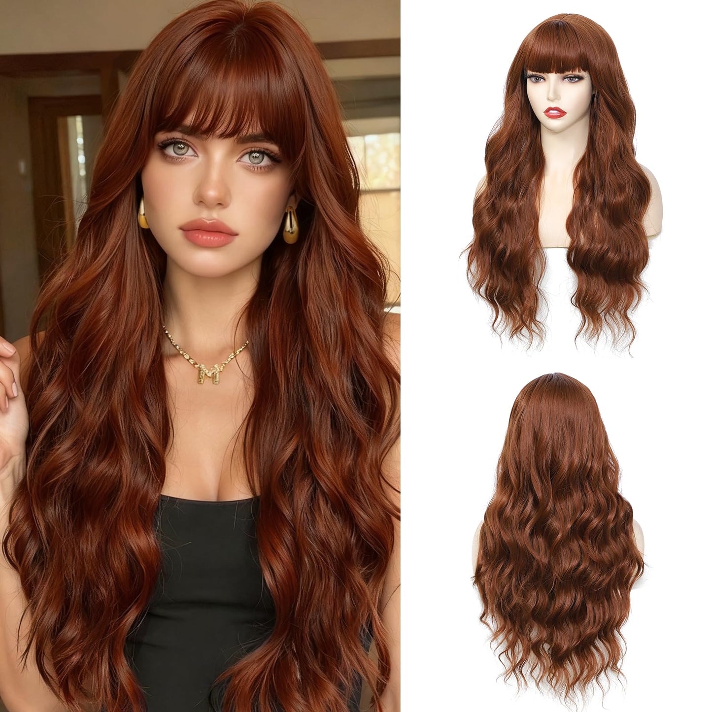 Wig With Bangs Long Wavy Curly Wig with Synthetic Heat Resistant Wigs for Women Daily Party Use
