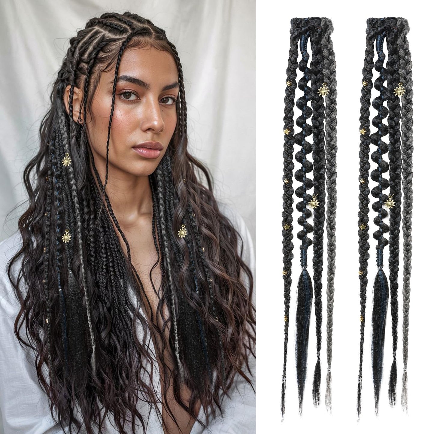 Clip in Braids for Women, 16" Boho Dreadlock Clip in Braids with Beads & Charms, 2PCS Handmade Synthetic Braided Hairpieces for Cosplay Daily Styling Music Festival
