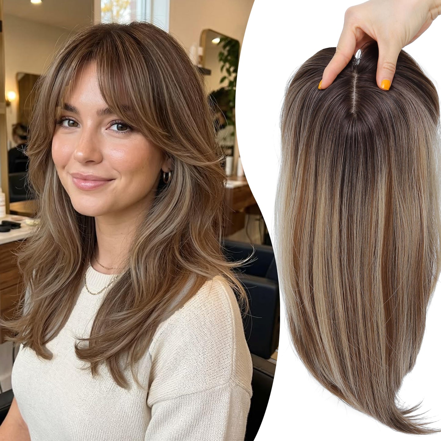 XC CLOUDS Synthetic Hair Topper with Bangs 14 Inch Hair Toppers for Women 5.5" x 5" hand Tied Forehead Hairline 360° 3D Cover Wispy Synthetic hair toppers for thinning hair in Blunt Wispy Bangs